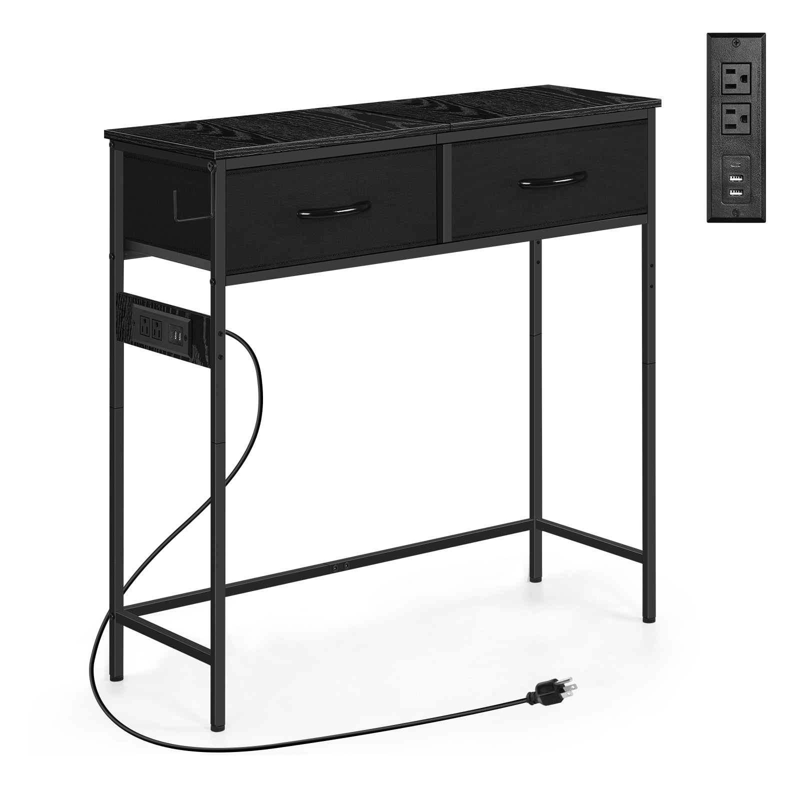 Industrial Console Table with Charging Station, 31.5 Inch Narrow Entryway Table with 2 Fabric Drawers, Side Hook & Adjustable Feet Black