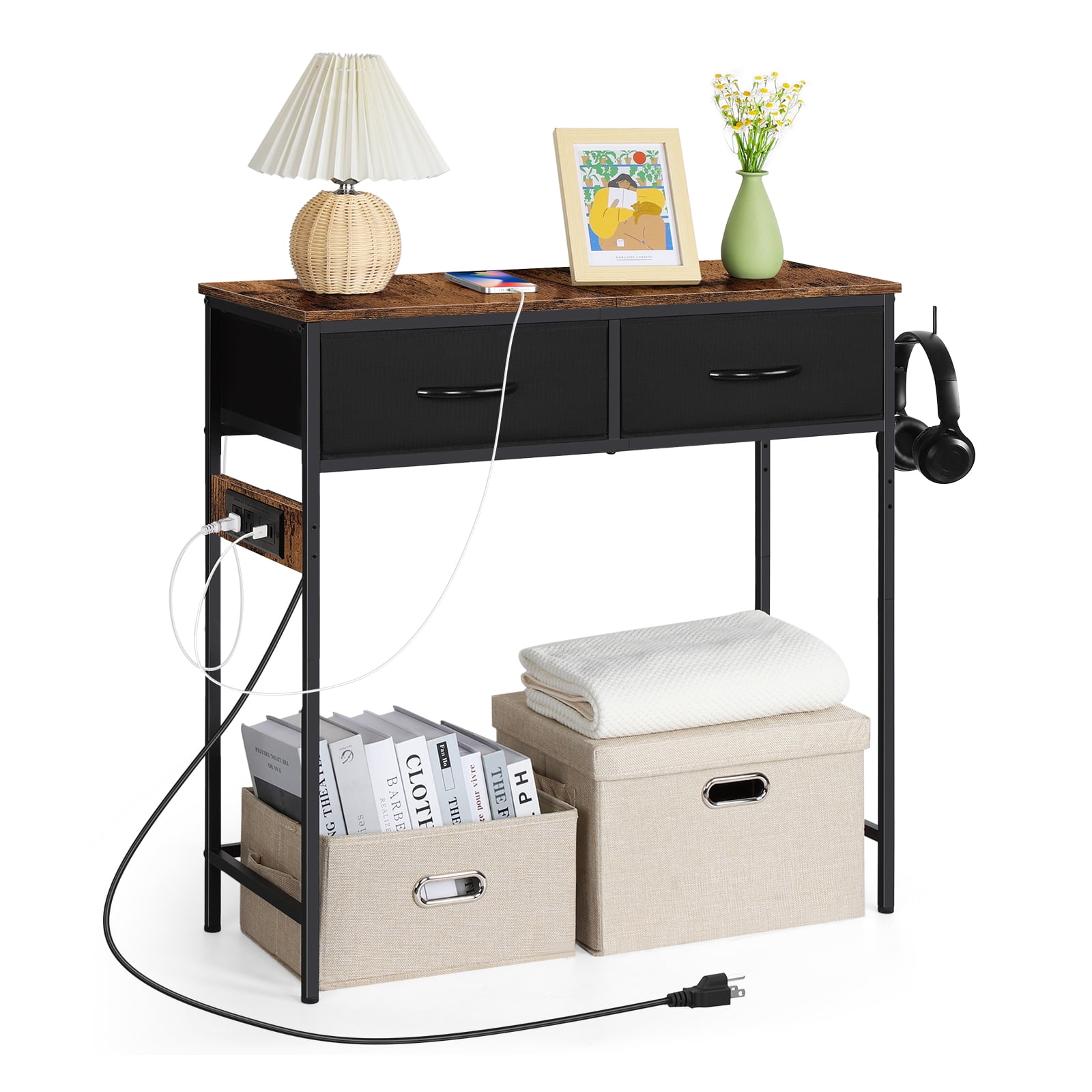 Industrial Console Table with Charging Station, 31.5 Inch Narrow Entryway Table with 2 Fabric Drawers, Side Hook & Adjustable Feet Brown