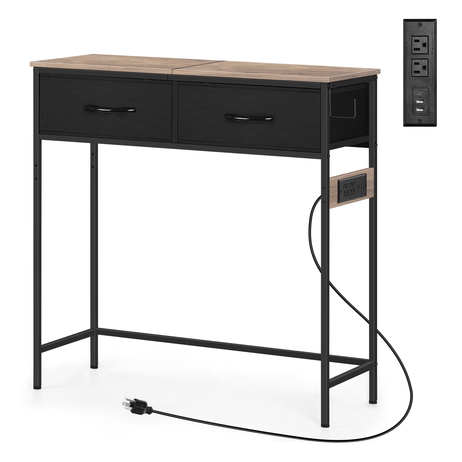 Industrial Console Table with Charging Station, 31.5 Inch Narrow Entryway Table with 2 Fabric Drawers, Side Hook & Adjustable Feet Gray