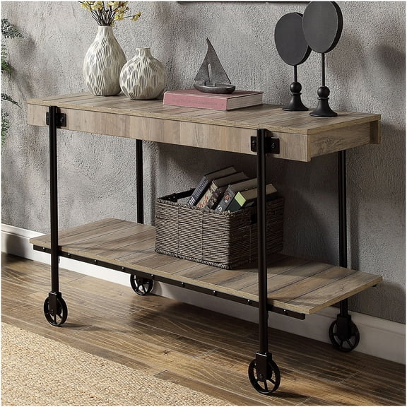 Industrial Console Table with Slat Design & Open Shelf, Black and Natural Steel Sofa Table for Living Room