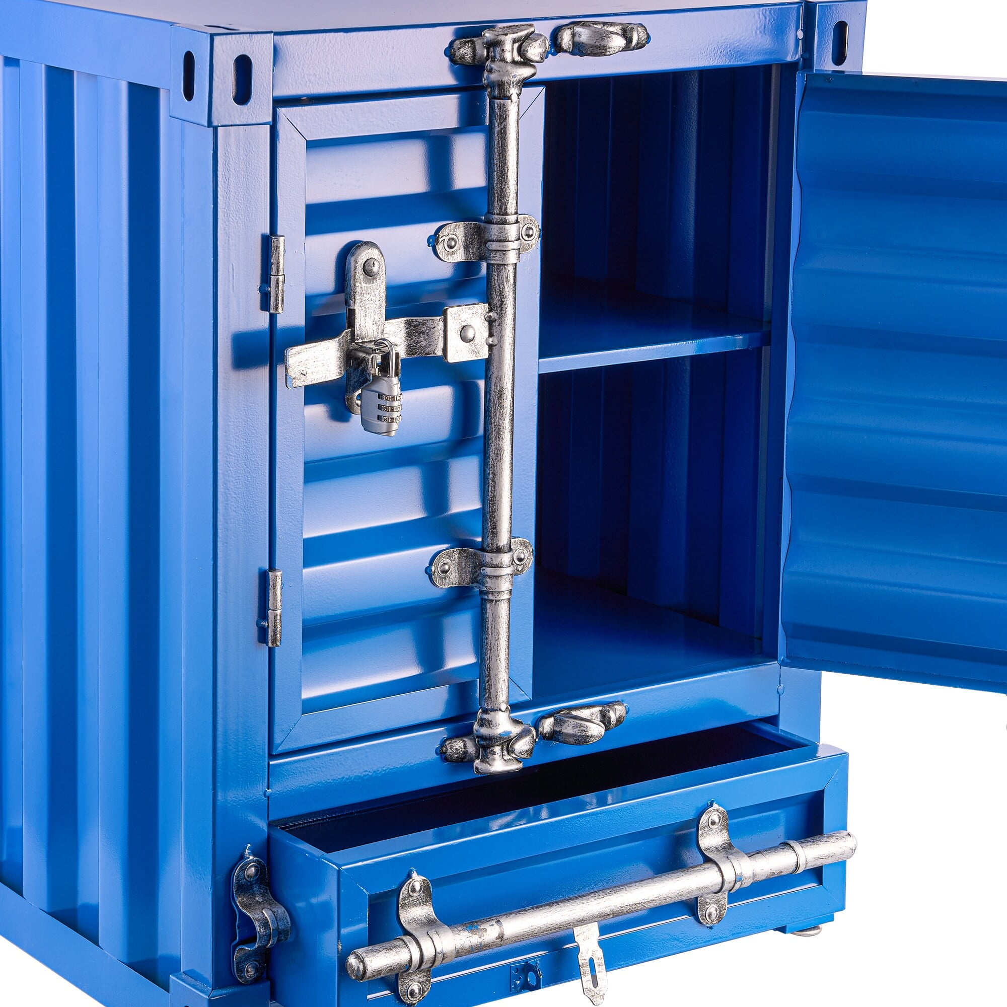 Blue Industrial Steel Container Storage Side Table with Drawer