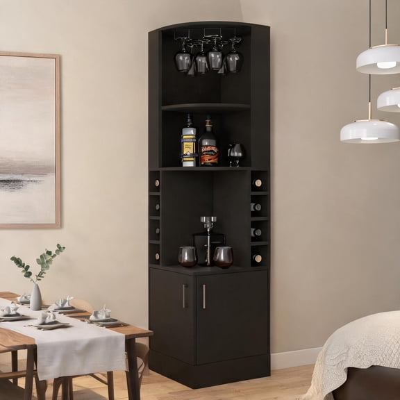 Industrial Corner Bar Cabinet with Glass Rack and Eight-Bottle Wine Storage in Classic Black