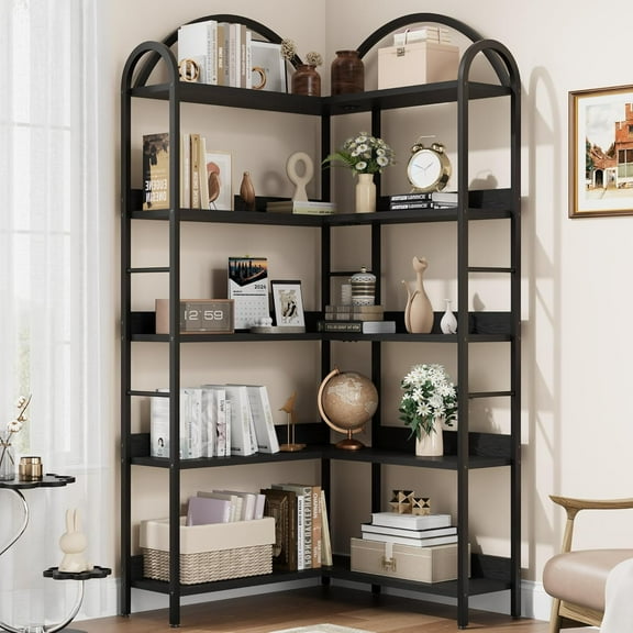 Memoryfield Industrial Corner Bookshelf, 5 Tier L Shaped Bookcase with Metal Frame, Large Shelf Display Rack for Living Room Bedroom, Black