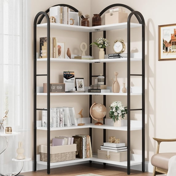 Memoryfield Industrial Corner Bookshelf, 5 Tier L Shaped Bookcase with Metal Frame, Large Shelf Display Rack for Living Room Bedroom, White