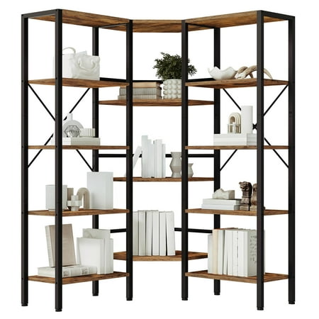 Industrial Corner Bookshelf, 5-Tier L-Shaped, Standard Rustic Brown & Black