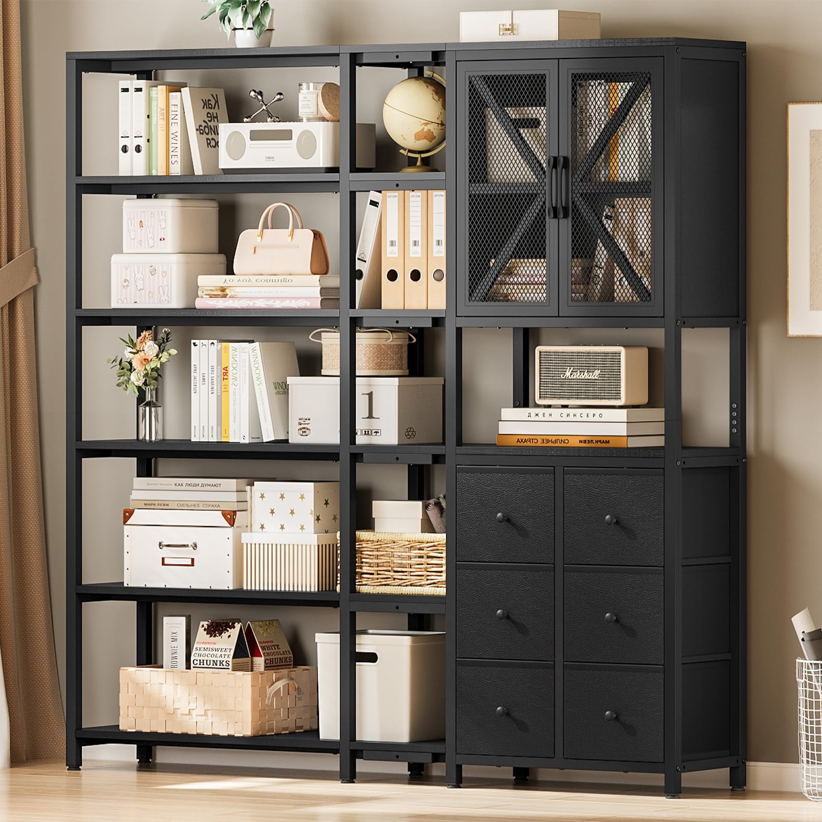 Industrial Corner Bookshelf 6 Tier, Tall Bookcase with Metal Mesh Doors ...