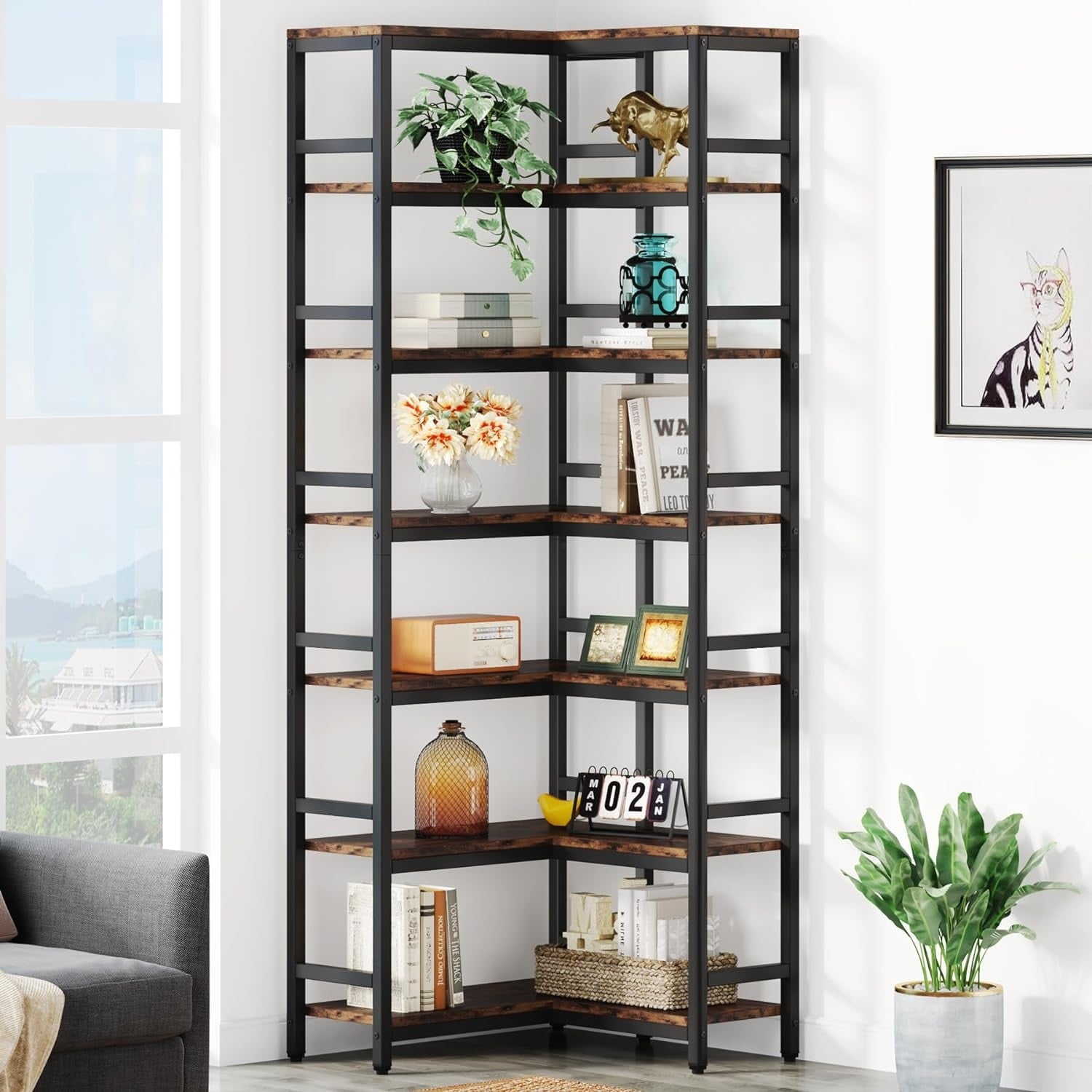 Industrial Black Metal and Wood 7-Tier Corner Bookshelf