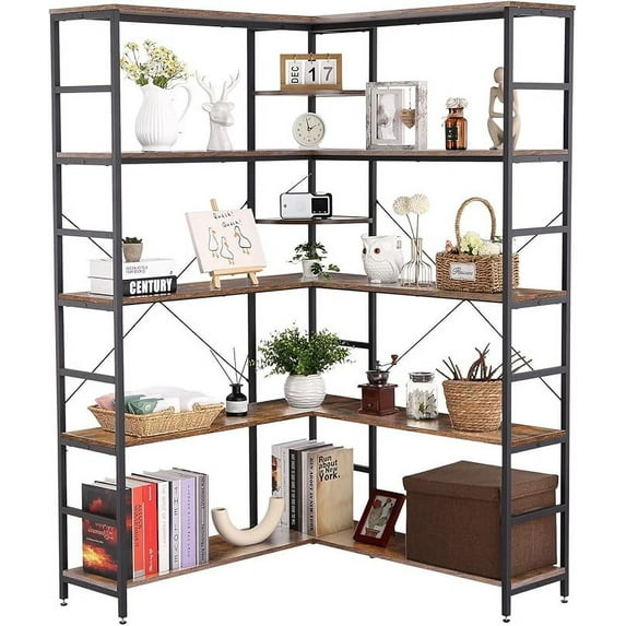 Industrial Corner Bookshelves 5 Tiers Etagere Shelf Storage Display Rack Bookcase with Metal Frame for Living Room Home Office