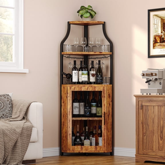 Industrial Corner Wine Bar Cabinet with Detachable Wine Rack, Glass Holder, 5-Tier Storage, Mesh Door - Buffet Sideboard for Dining Room, Living Room, Kitchen, Retro Brown
