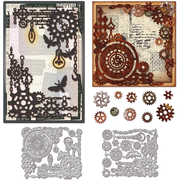 Industrial Corners Background Cutting Dies Metal Gears Background Frame Cut Dies Clocks Light Bulbs Die Cuts