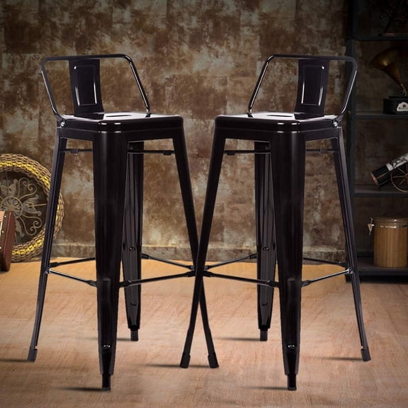 Industrial Counter Bar Stools Set of 2, Black Metal Chairs with Back Stackable Tolix-Style Modern Barstools, 30 Inch Seat Height