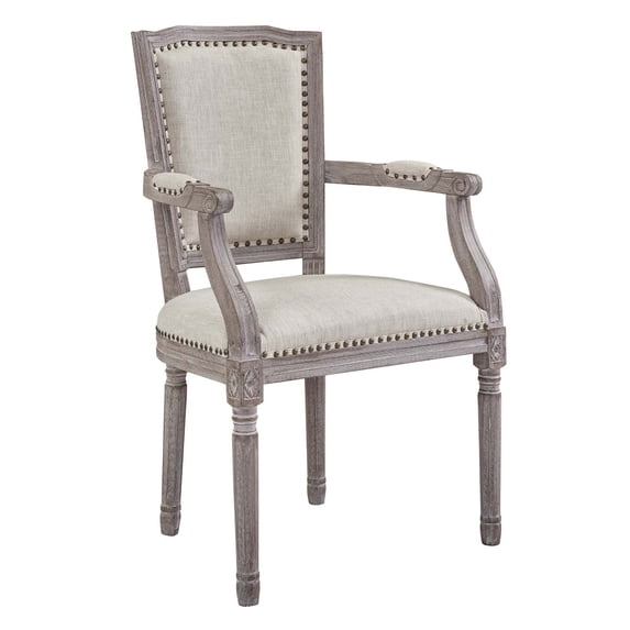 Industrial Country Cottage Farm Beach House Dining Kitchen Room Vintage Side Chair Armchair, Fabric Wood, Beige
