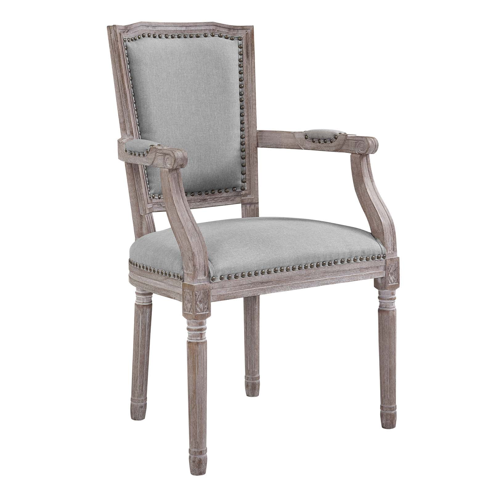 Elegant Vintage French Light Gray Upholstered Wood Armchair