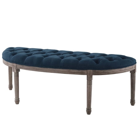 Industrial Country Farm Beach House Living Room Lounge Club Lobby Accent Chair Bench, Vintage Style, Fabric Wood, Navy Blue