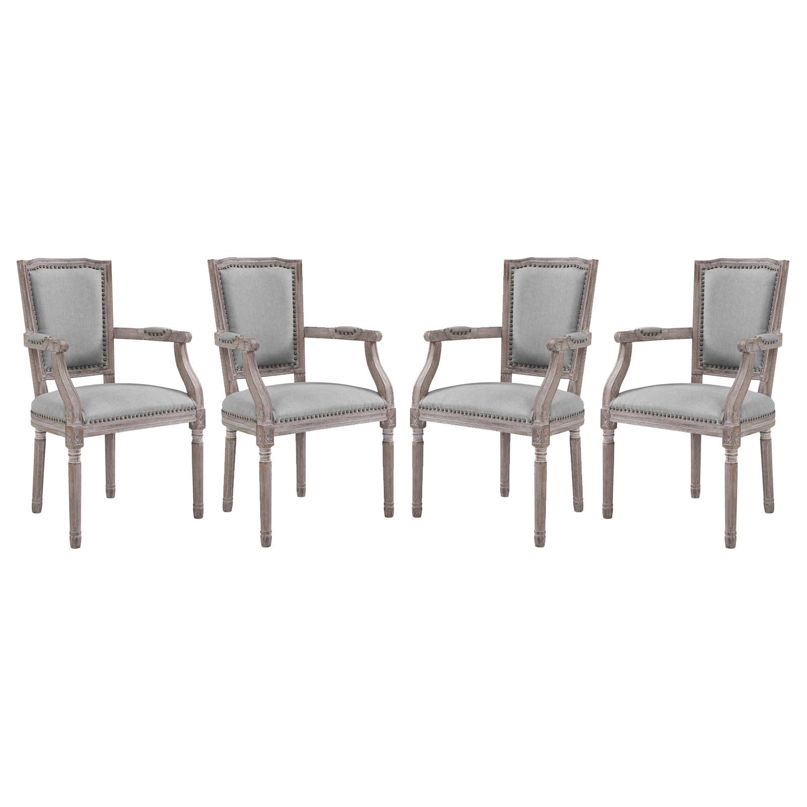 Elegant Fluted Gray Upholstered Wood Dining Armchair with Copper Trim