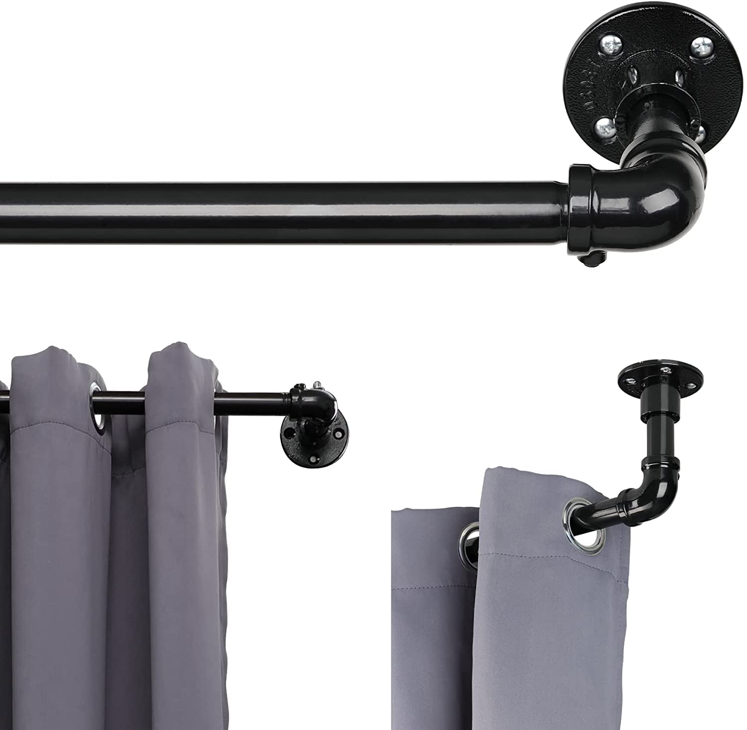 Industrial Black Curtain Rod Set, 1 inch Wrap Around, Heavy Duty Steel Drapery Rods, 3473inch