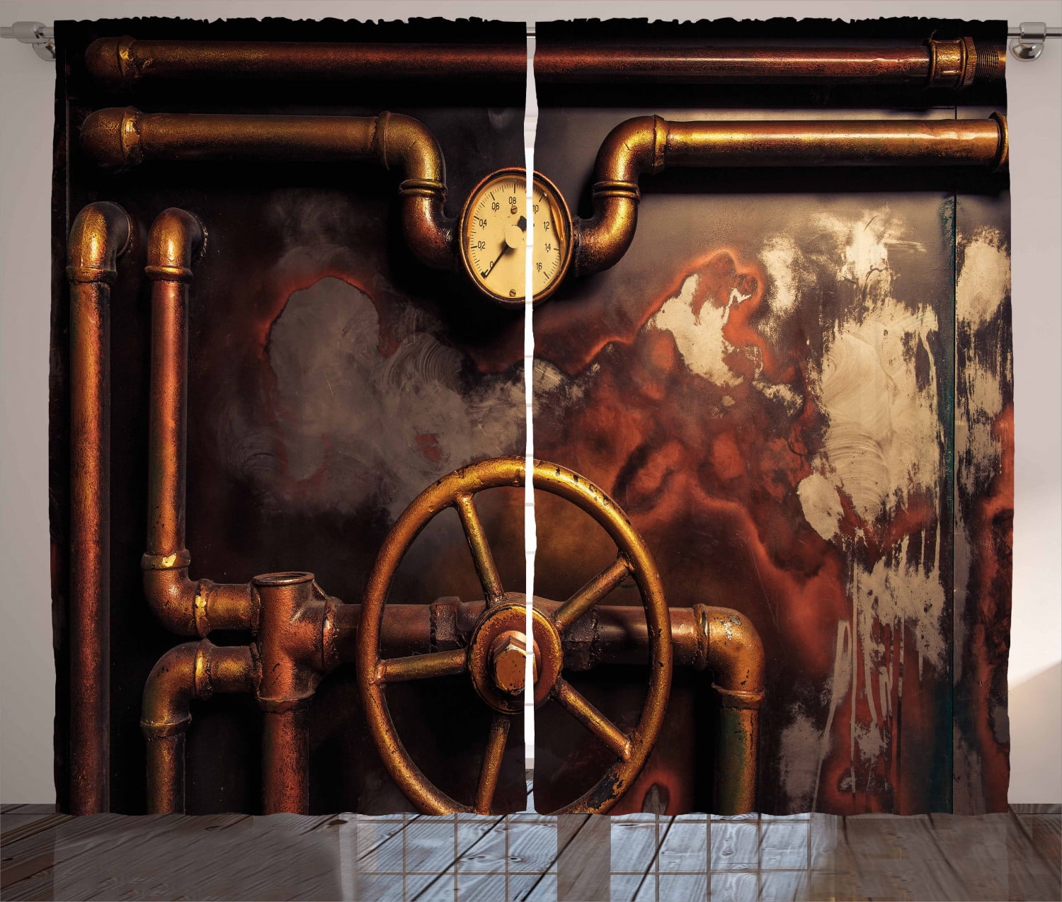 Industrial Bronze and Dark Orange Polyester Curtain Panel Pair