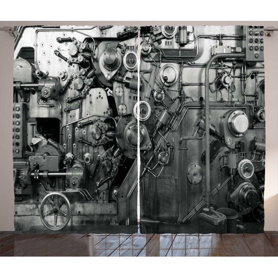 Ambesonne Black White Curtains 2 Panel Set, Machine in Factory, 108" x 90", Black and White