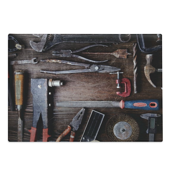 Industrial Cutting Board, Crafting Equipment with Obsolete Dusty Mechanic Tools of a Carpenter Pattern, Decorative Tempered Glass Cutting and Serving Board, Large Size, Multicolor, by Ambesonne