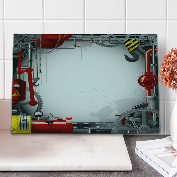 Industrial Cutting Board, Engineering Themed Gears Levers and Meters Flue Lifting Crane, Decorative Tempered Glass Cutting and Serving Board, Large Size, Orange Yellow Grey, by Ambesonne
