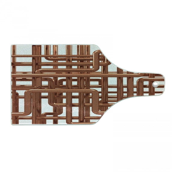 Industrial Cutting Board, Knot Complex Design with Entangled Lines Hardware Industry Art, Decorative Tempered Glass Cutting and Serving Board, Wine Bottle Shape, Umber White, by Ambesonne