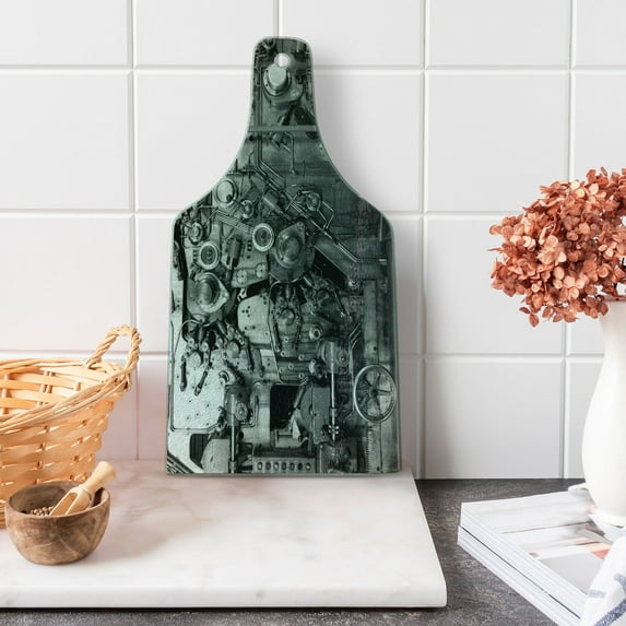 Industrial Cutting Board, Modern Times Detail of Rusted Machine in Factory Physical Equipment Process, Tempered Glass Cutting and Serving Board, Wine Bottle Shape, Black and White, by Ambesonne