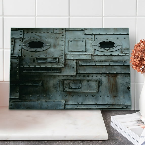 Industrial Cutting Board, Rusty Iron Porthole Grunge Scratched Steel Factory Entrance Retro Image, Decorative Tempered Glass Cutting and Serving Board, Large Size, Dark Taupe, by Ambesonne