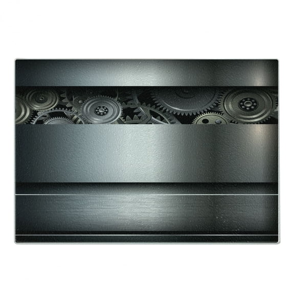 Industrial Cutting Board, Technological Gears Robotic Future Imagination Clockwork Science Modern Artwork, Decorative Tempered Glass Cutting and Serving Board, in 3 Sizes, by Ambesonne