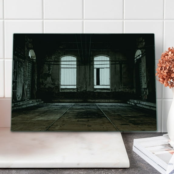 Industrial Cutting Board, Vintage Style Grunge Floor Walls and Windows Messy Aged Wrecked Workshop, Decorative Tempered Glass Cutting and Serving Board, Large Size, White Dark Brown, by Ambesonne