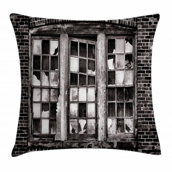 Industrial Decor Throw Pillow Cushion Cover, Broken Window with Missing Glass Panes Derelict Blight Factory Brick Wall, Decorative Square Accent Pillow Case, 18 X 18 Inches, Black White, by Ambesonne
