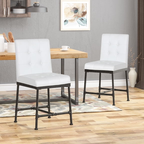 Industrial Design Counter Stools / White Wood with Button Tufting