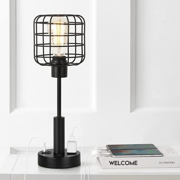 Industrial Desk Lamp with Usb Interface Socket, Metal Cage Shade