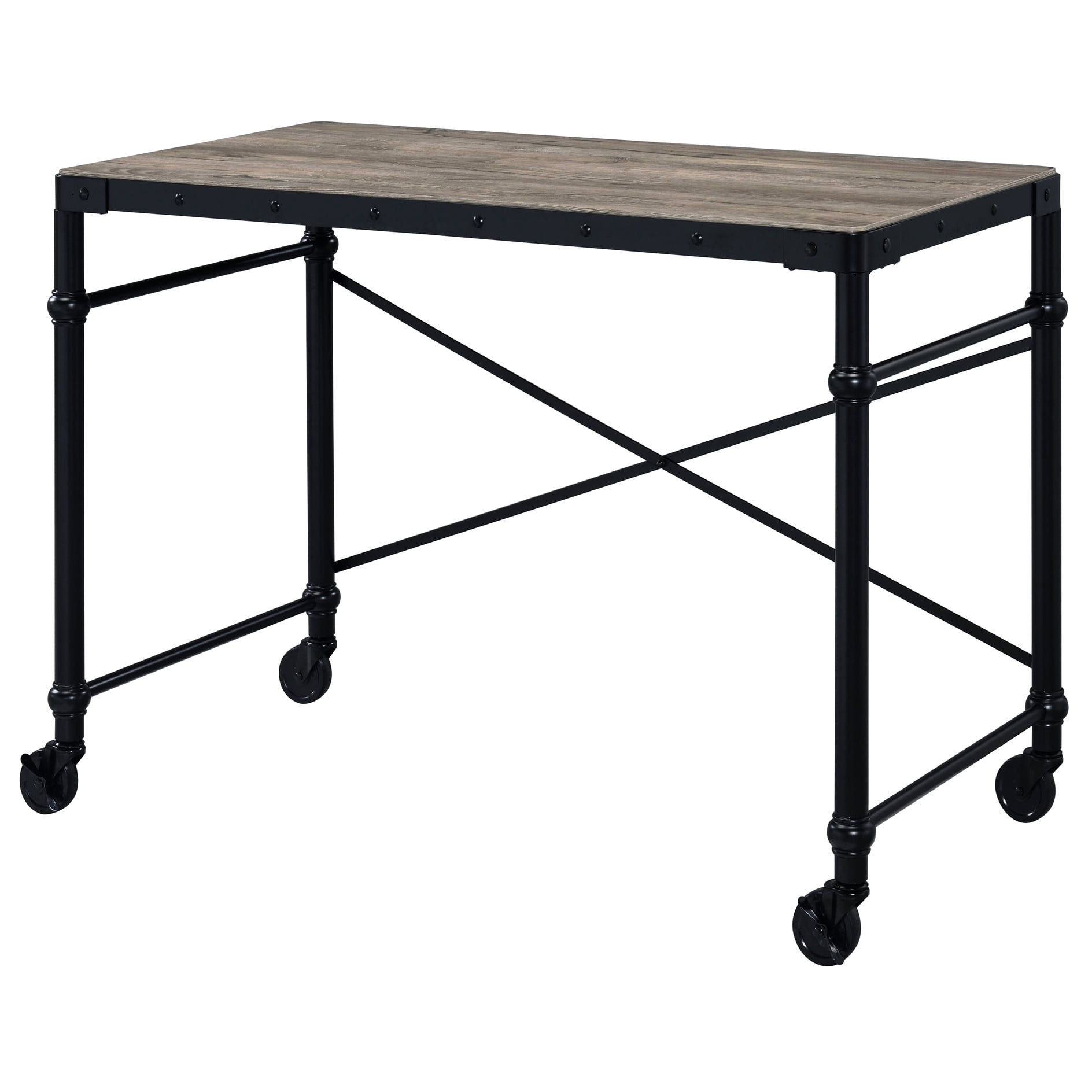 Industrial Desk With Wheels, Rustic Oak And Black Texture Mobile Work ...