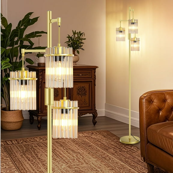 Industrial Modern Floor Lamps for Living Room, Dimmable Glass Tree Standing Tall Lamps with 3 Elegant Teardrop Cage Head & 800 Lumens LED Bulbs for Bedroom Office (Gold)