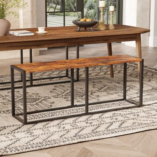 Industrial Dining Bench 47.2 Inch Rustic Brown Heavy-Duty Metal Frame for Kitchen Entryway Living Room