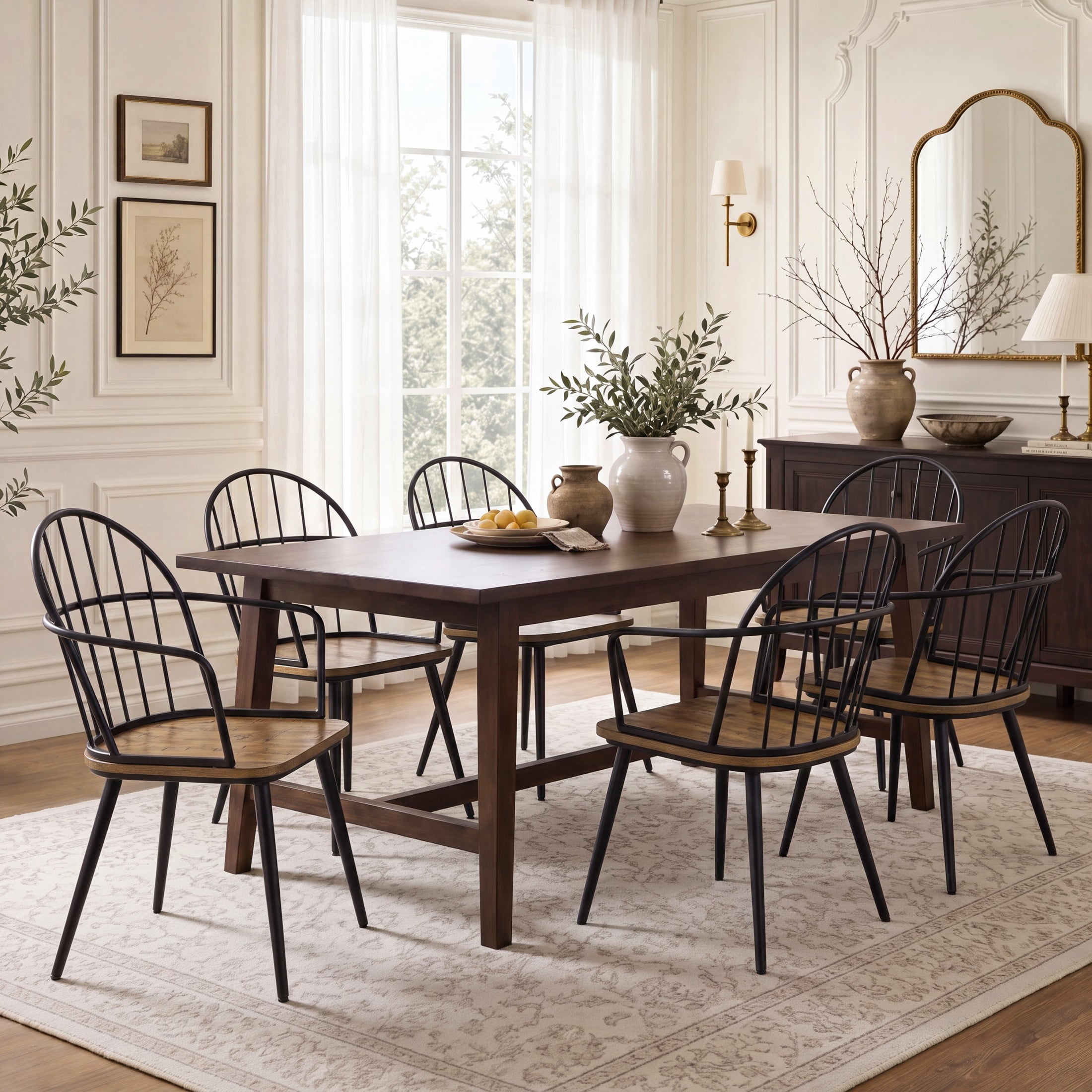 Industrial Dining Chairs with Arched Back, Wooden Seat, Matte Black Iron Base, Set of 6