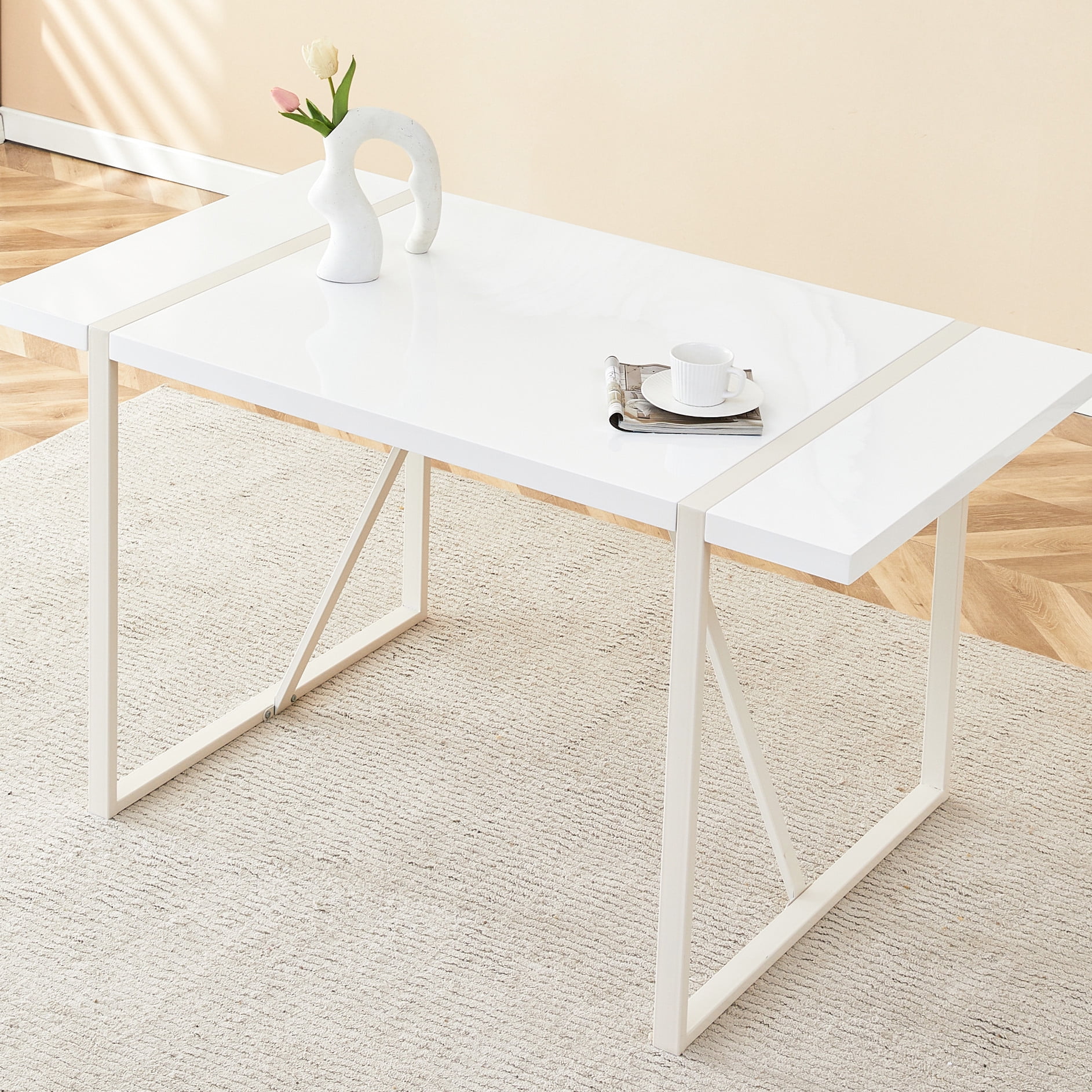 Industrial Dining Table For 4-6, 1.5 Inch Thick Top, White Metal Legs, Work Desk, Kitchen ...