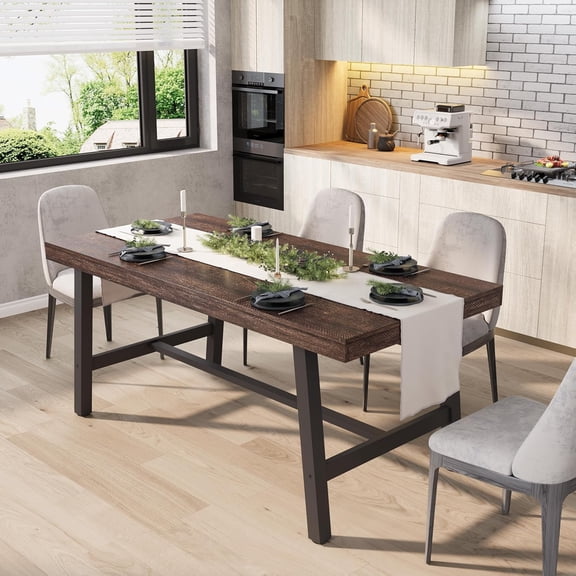 Industrial Dining Table for 4-6 People, 63" Long Wooden Kitchen Table with Sturdy Metal Frame & Birch Finish, Seats 4 Rectangular Counter for Dinner, Kitchen, Dining Room-Dark Rustic Birch