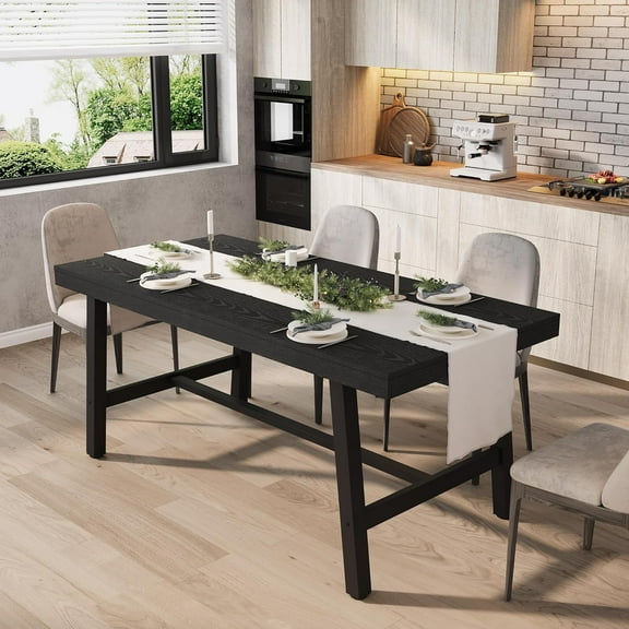 Industrial Dining Table for 4-6 People, 63" Long Wooden Kitchen Table with Sturdy Metal Frame & Black Finish - Seats 4 Rectangular Counter for Dinner, Kitchen, Dining Room - Black