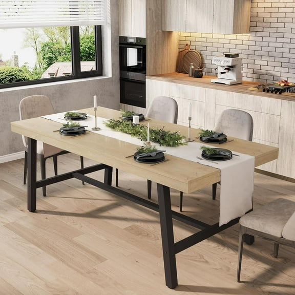 Industrial Dining Table for 6-8 People, 70.87" Long Wooden Kitchen Table with Sturdy Metal Frame & Natural Finish, Seats 6 Rectangular Counter for Dinner, Kitchen, Dining Room - Natural