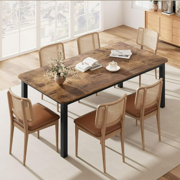 Industrial Dining Table for 6-8 People, 78.7 Inch Long Wooden Kitchen Table with Sturdy Metal Frame & Rustic Brown Finish - Seats 6 Rectangular Counter for Dinner, Kitchen, Easy to Install