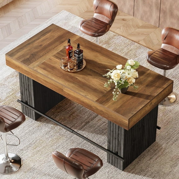 Finmind Industrial Dining Table, 63-Inch Counter Height Pub Table with Metal Footrest for  Dining Room, Rustic Brown