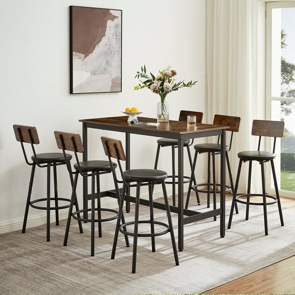 Industrial Dining Table 7 Piece Set, PU Leather Bar Chairs for Kitchen Breakfast Table, Living Room, Bar, Rustic Brown