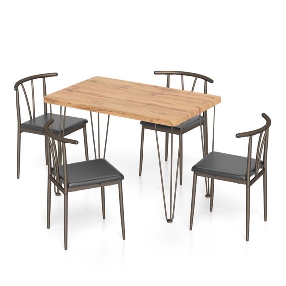Industrial Dining Table Set for 4, Rustic Kitchen Table with Chairs, Oak Finish, PU Leather Seats, Space Saving Design