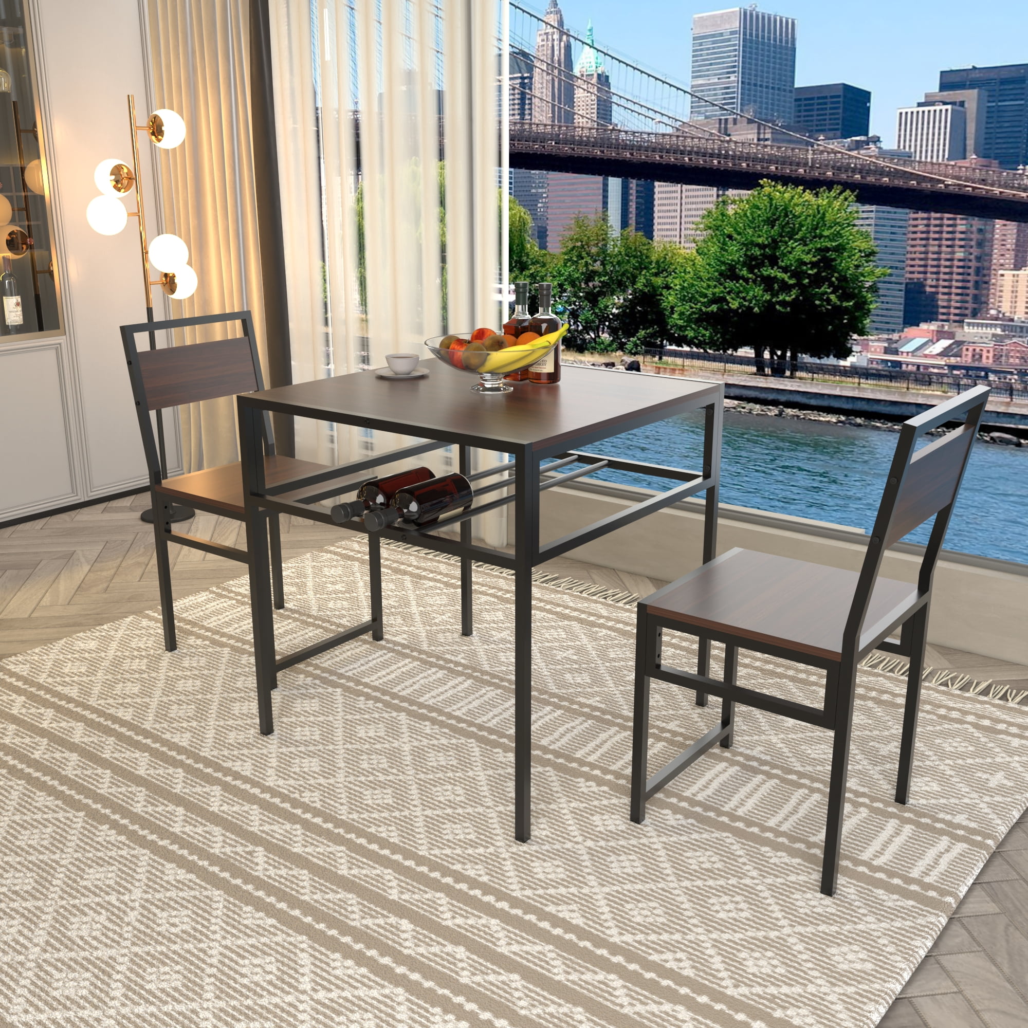 Industrial Dining Table Set with 2 Chairs, Small Square Kitchen Table with Storage Rack for Small Space Apartment