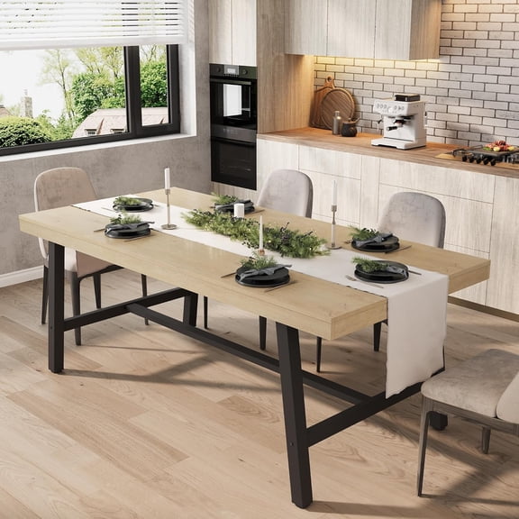 Industrial Dining Table for 6-8 People, Rustic Wood Kitchen Table with Sturdy Black Metal Legs, 70.87 in Long for Living Room, Kitchen, Dining Room