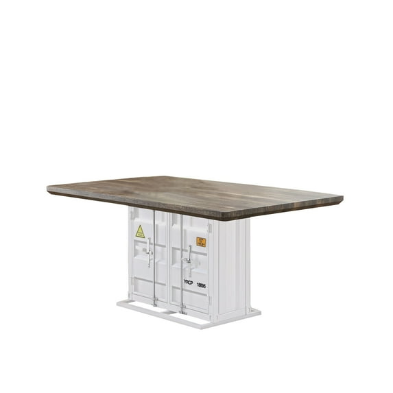 Industrial Dining Table with Metal Base and Recessed Panels,White and Brown