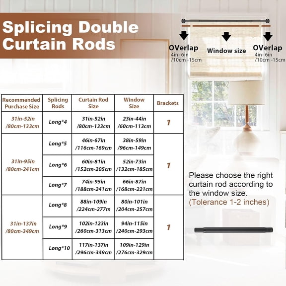 Industrial Double Curtain Rod for Windows 31 to 137 Inch, 1 Inch Heavy Duty Wrap Around Dual Curtain Rods, Adjustable Black Double Window Rods Telescoping for Windows, Living room, Sliding Glass Door