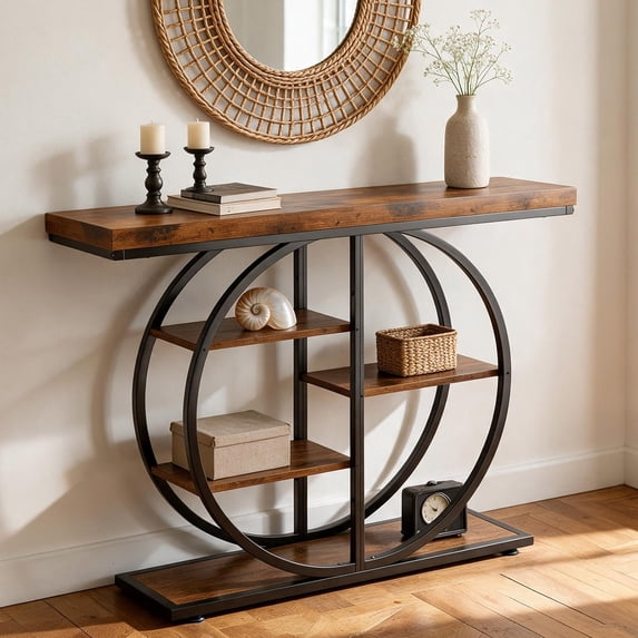 Rounded Show Rack Industrial Double Round Frame Storage Shelf, 41.3in Multi-Tier Rustic ...