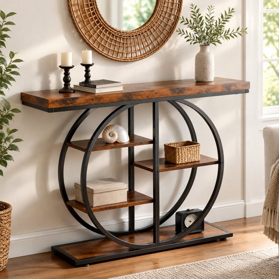 Industrial Double Round Frame Storage Shelf, 41.3in Multi-Tier Rustic Wood Display Rack, Freestanding Organizer Stand for Living Room Bedroom Balcony Decor